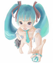 Rule 34 | 1girl, barefoot, dreamer tapir, feet, full body, hair ornament, hair ribbon, hatsune miku, holding, holding clothes, holding panties, holding underwear, long twintails, looking at viewer, nipples, panties, ribbon, simple background, solo, striped clothes, striped panties, twintails, underwear, vocaloid, white background