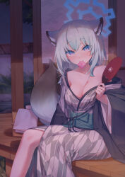 Rule 34 | 1girl, aeon ion, animal ears, bath yukata, blue archive, blush, breasts, cleavage, collarbone, commentary, condom, condom wrapper, grey kimono, hair between eyes, halo, hand fan, highres, japanese clothes, kimono, looking at viewer, medium breasts, mouth hold, off shoulder, official alternate costume, purple eyes, shigure (blue archive), shigure (hot spring) (blue archive), sitting, smile, solo, weasel ears, yukata