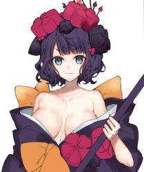Rule 34 | 1girl, bare shoulders, black hair, blue eyes, blunt bangs, breasts, cleavage, fate/grand order, fate (series), hair ornament, hairpin, hanagata, japanese clothes, katsushika hokusai (fate), kimono, large breasts, short hair, simple background, smug, solo, upper body, v-shaped eyebrows, wavy hair, white background