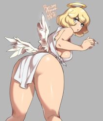 Rule 34 | 1girl, agawa ryou, angel, angel wings, ass, ass focus, bare shoulders, blonde hair, blush, breasts, cigarette, dress, feathered wings, green eyes, halo, holding, holding cigarette, huge ass, kneepits, looking at viewer, looking back, medium breasts, mini wings, original, short hair, sideboob, smoking, solo, thick thighs, thighs, white dress, wings