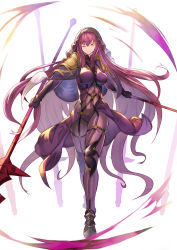 Rule 34 | 1girl, absurdres, armor, bodysuit, breasts, covered navel, dual wielding, fate/grand order, fate (series), gae bolg (fate), hair intakes, highres, holding, holding weapon, kamakura (clupeoidei), large breasts, leotard, long hair, one eye closed, pauldrons, polearm, purple bodysuit, purple hair, purple leotard, red eyes, scathach (fate), shoulder armor, simple background, smile, solo, spear, veil, very long hair, weapon, white background
