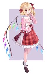 Rule 34 | 1girl, absurdres, alternate costume, blonde hair, blush, bobby socks, bow, commentary request, crystal, flandre scarlet, flower, hair bow, hair flower, hair ornament, highres, holding, holding stuffed toy, jacket, kure~pu, long sleeves, looking at viewer, multicolored wings, no headwear, pink jacket, red bow, red eyes, red skirt, shoes, skirt, socks, solo, stuffed toy, touhou, white socks, wings
