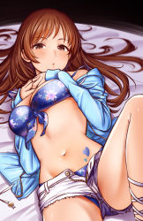Rule 34 | 1girl, absurdres, bare shoulders, bikini, blue bikini, blue jacket, blush, breasts, brown eyes, brown hair, chiyosuke (nosuke21), cleavage, floral print, hands on own chest, highres, idolmaster, idolmaster cinderella girls, jacket, knee up, long hair, long sleeves, looking at viewer, lying, medium breasts, navel, nitta minami, off shoulder, on back, open clothes, open fly, open jacket, open mouth, short shorts, shorts, swimsuit, thighs, white shorts