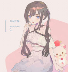 Rule 34 | 1girl, absurdres, bare shoulders, black hair, blue eyes, blue nails, cowboy shot, dated, dress, english text, food, fruit, happy birthday, highres, long hair, looking at viewer, nail polish, original, parted lips, piru (exp 66), sidelocks, sitting, solo, strawberry, stuffed animal, stuffed toy, teddy bear, twintails, white dress