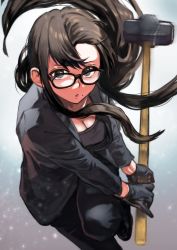 Rule 34 | 1girl, black-framed eyewear, black eyes, black footwear, black gloves, black hair, black jacket, black pants, breasts, cleavage, commentary, glasses, gloves, grey background, hammer, highres, holding, holding hammer, holding weapon, jacket, long hair, long sleeves, looking at viewer, minakata hizuru, mole, mole under mouth, open clothes, open jacket, otsudou, pants, parted lips, sledgehammer, solo, summertime render, weapon