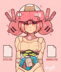 Rule 34 | 1girl, android, artist name, breasts, cat, cowboy shot, english text, gradient eyes, hanaan, heart, heart-shaped pupils, highres, joints, liquid, looking at viewer, medium breasts, milk carton, multicolored eyes, original, pink background, pink hair, plant, red eyes, robot, robot joints, short hair, solo, sparkle, symbol-shaped pupils, transparent, yellow eyes