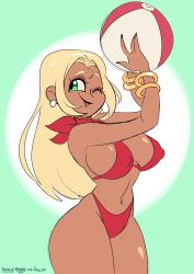 Rule 34 | 1girl, absurdres, armband, ball, bikini, blonde hair, breasts, bright pupils, creatures (company), feet, forehead, full body, game freak, green eyes, grey eggs n ham, highres, long hair, looking at viewer, medium breasts, nail polish, navel, nintendo, npc trainer, one eye closed, pokemon, pokemon xy, red bikini, simple background, smile, solo, stomach, straight hair, swimmer (pokemon), swimsuit, tan, white background, white pupils, wink