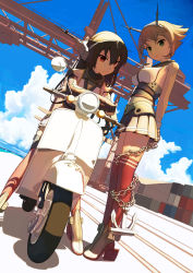 Rule 34 | 10s, 2girls, arms behind back, black hair, brown hair, chain, cloud, day, dutch angle, fingerless gloves, gloves, green eyes, hairband, helmet, highres, kantai collection, looking at viewer, mocha, motor vehicle, multiple girls, mutsu (kancolle), nagato (kancolle), pleated skirt, red eyes, red legwear, scooter, skirt, sky, thighhighs, vehicle, vespa