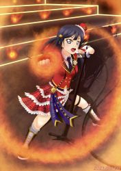 Rule 34 | 1girl, artist name, artist request, bare legs, black footwear, black hair, black skirt, blue hair, blue ribbon, blush, boots, breasts, chase (love live!), clenched hand, collared shirt, cross-laced footwear, dark blue hair, dress shirt, earrings, female focus, fingerless gloves, fire, full body, gloves, grey eyes, hair ornament, hairclip, half gloves, hat, high heel boots, high heels, highres, holding, holding microphone, holding microphone stand, jewelry, layered skirt, legwear garter, long hair, looking at viewer, love live!, love live! nijigasaki high school idol club, love live! school idol festival, microphone, microphone stand, mini hat, mini top hat, miniskirt, necktie, on stage, parted lips, plaid, plaid skirt, pleated, pleated skirt, ponytail, puffy short sleeves, puffy sleeves, purple neckwear, red gloves, red hat, red shirt, red skirt, red vest, ribbon, shirt, short sleeves, side ponytail, single legwear garter, skirt, small breasts, smile, solo, sparkle print, stage, stage lights, stairs, standing, suspender skirt, suspenders, top hat, triangle earrings, vest, white shirt, wing collar, yuki setsuna (love live!)