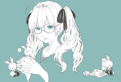Rule 34 | 1girl, bouno satoshi, copyright name, copyright notice, creature, cup, glasses, green background, green eyes, greyscale, greyscale with colored background, hair ribbon, hatsune miku, highres, holding, holding cup, looking at viewer, medium hair, monochrome, parted lips, portrait, ribbon, round eyewear, simple background, solo, spot color, teacup, twintails, vocaloid