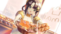 Rule 34 | 1girl, absurdres, apron, baguette, bakery, basket, black eyes, blunt bangs, blush, bow, bread, breasts, brown hair, cleavage, dress, eclair (food), eyelashes, food, hair ornament, highres, holding, holding basket, holding food, medium breasts, melon bread, mintmai, nametarou (meron), open mouth, puffy short sleeves, puffy sleeves, rabbit, shop, short hair, short sleeves, solo, trigram, virtual youtuber, window, yellow dress