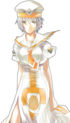 Rule 34 | 00s, 1girl, aria (manga), athena glory, clenched hand, grey hair, hat, side slit, simple background, smile, solo, standing, uniform