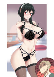 Rule 34 | 1boy, 1girl, absurdres, alternate breast size, bed, bedroom, black bra, black hair, black panties, blonde hair, blue eyes, blurry, blurry background, border, bra, breasts, cleavage, contrapposto, cowboy shot, hairband, hands up, hetero, highleg, highleg panties, highres, huge breasts, husband and wife, imagining, looking at viewer, navel, panties, parted lips, red eyes, skindentation, solo focus, spy x family, stomach, sweat, thighhighs, torahime (roland00), twilight (spy x family), underwear, underwear only, white border, white hairband, yor briar