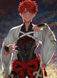 Rule 34 | abs, absurdres, commentary request, contrapposto, cowboy shot, emiya shirou, fate/grand order, fate (series), highres, japanese clothes, long sleeves, looking at viewer, male focus, nagatekkou, none (kameko227), orange hair, rope, seductive smile, senji muramasa (fate), senji muramasa (second ascension) (fate), shimenawa, skin tight, smile, solo, toned, toned male, undressing, wide sleeves, yellow eyes