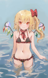 Rule 34 | 1girl, bare shoulders, bikini, blue background, blush, bow, breasts, caustics, cowboy shot, crystal, fang, flandre scarlet, hair between eyes, hair bow, highres, light smile, looking at viewer, medium hair, navel, no headwear, one side up, pointy ears, red bow, red eyes, red neckwear, reddizen, simple background, skin fang, small breasts, solo, swimsuit, touhou, wading, wings