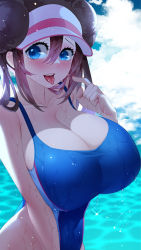 Rule 34 | 1girl, alternate breast size, arm at side, backlighting, bare shoulders, blue eyes, blue one-piece swimsuit, blush, breasts, brown hair, cleavage, collarbone, competition swimsuit, creatures (company), double bun, fingernails, game freak, hair between eyes, hair bun, hat, highleg, highleg swimsuit, huge breasts, long fingernails, looking at viewer, nintendo, one-piece swimsuit, open mouth, pointing, pointing at self, pokemon, pokemon bw2, pool, rosa (pokemon), smile, solo, sumisumii, swimsuit, tongue, tongue out, upper body, visor, water, wet, white hat