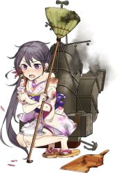 Rule 34 | 10s, 1girl, akebono (kancolle), bell, black eyes, black hair, broom, bruise, dirty, dirty feet, drew (drew213g), flower, full body, geta, hair bell, hair flower, hair ornament, holding, injury, japanese clothes, jingle bell, kantai collection, kimono, long hair, looking at viewer, machinery, no socks, official art, open mouth, petals, sandals, short kimono, side ponytail, solo, squatting, torn clothes, transparent background, very long hair