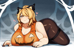 Rule 34 | 1girl, black bow, black nails, black pantyhose, blonde hair, bow, breasts, cleavage, closed mouth, full body, hair bow, hair over one eye, halloween, halloween costume, heart, highres, huge breasts, jack-o&#039;-lantern print, kurodani yamame, looking at viewer, lying, nail polish, on stomach, orange eyes, pantyhose, rinyamame, short hair, sideboob, silk, solo, spider web, sweat, thick thighs, thighs, touhou