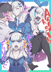 Rule 34 | 1boy, 1girl, angry, annoyed, azur lane, black hair, black nails, blue bow, blue bowtie, blue eyes, blue hair, blue hairband, blue ribbon, blue shirt, blush, bow, bowtie, breasts, cleavage, colored skin, commander (azur lane), cosplay, english text, facing another, facing viewer, full body, hair between eyes, hair ornament, hair ribbon, hairband, hands on another&#039;s cheeks, hands on another&#039;s face, highres, holding another&#039;s head, imminent kiss, kizuna ai, kizuna ai (cosplay), kizuna ai inc., knees together feet apart, long hair, long sleeves, looking at viewer, meme, miniskirt, multicolored hair, multiple views, myuutau tadakichi, nail polish, pale skin, pleated skirt, ponytail, profanity, ribbon, screaming, serious, shirt, shouting, sitting, skirt, solo focus, streaked hair, tb (azur lane), tearing up, thighhighs, two-tone hair, upper body, very long hair, white hair, white shirt, white skin, white skirt, x hair ornament