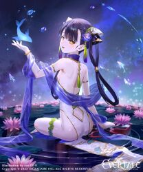 Rule 34 | 1girl, absurdres, arm support, artist name, azu-taro, black hair, blush, bracelet, commentary request, copyright name, dress, evertale, flower, hair ornament, high heels, highres, jewelry, logo, long hair, looking at viewer, looking back, official art, parted lips, partially submerged, shiny skin, sitting, smile, thigh strap, thighs, water, yellow eyes