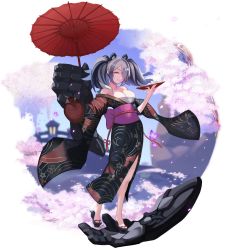 Rule 34 | 160mp, 1girl, absurdres, alcohol, alternate costume, animal ears, arknights, bare legs, bare shoulders, bear ears, black hair, black kimono, breasts, bug, butterfly, cherry blossoms, cleavage, closed mouth, collarbone, cup, day, eyebrows hidden by hair, feater (arknights), floral print, geta, hair over one eye, highres, holding, holding cup, insect, japanese clothes, kimono, kimono pull, large breasts, long sleeves, looking at viewer, multicolored hair, obi, off shoulder, oil-paper umbrella, outdoors, petals, print kimono, sakazuki, sake, sarashi, sash, silver hair, smile, spring (season), standing, stone lantern, twintails, two-tone hair, umbrella, wide sleeves, yellow eyes
