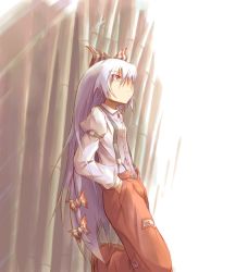 Rule 34 | 1girl, armband, bamboo, bamboo forest, bow, breasts, dress shirt, female focus, forest, fujiwara no mokou, hair between eyes, hair bow, hands in pockets, juliet sleeves, leaning back, long hair, long sleeves, looking up, multiple hair bows, nature, ofuda, pants, puffy sleeves, purple hair, red eyes, shirt, small breasts, solo, sorano eika, standing, suspenders, touhou, very long hair, white shirt