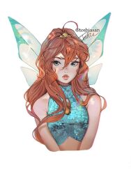 Rule 34 | 1girl, aqua shirt, aqua wings, bare shoulders, bloom (winx club), blue eyes, commentary, english commentary, fairy, fairy wings, long hair, looking at viewer, orange hair, shirt, sparkle print, toshiasan, upper body, wings, winx club