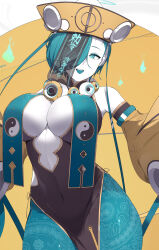 Rule 34 | 1girl, bead necklace, beads, blue eyes, blue fire, blue hair, blue pantyhose, breasts, center opening, china dress, chinese clothes, cleavage, colored skin, covered navel, detached sleeves, dress, fire, grey skin, hair over one eye, highres, hip vent, jewelry, large breasts, necklace, ofuda, one eye covered, original, pantyhose, pelvic curtain, short hair, smile, solo, subject 69 (ub1mo), symbol-shaped pupils, ub1mo, yellow background, yellow headwear, yellow sleeves, yin yang