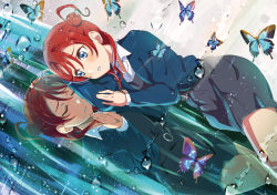 Rule 34 | 1girl, absurdres, al aoi aoba, blazer, blue eyes, blue jacket, blush, bug, butterfly, collared shirt, commentary request, grey skirt, hair bun, highres, insect, jacket, long sleeves, love live!, love live! superstar!!, parted lips, red hair, reflection, reflective water, school uniform, shirt, short hair, skirt, white shirt, yoneme mei, yuigaoka school uniform