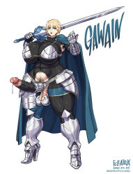Rule 34 | abs, armor, armpit hair, blonde hair, blue eyes, breasts, fate/grand order, fate (series), fellatrix, futanari, gawain (fate), high heels, highres, huge breasts, lips, looking at viewer, penis, precum, pubic hair, sword, testicles, thick lips, thick thighs, thighs, weapon