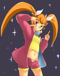 Rule 34 | 1970s (style), 1girl, black background, blue eyes, bobabo, breasts, hair ribbon, halterneck, halterneck, jacket, jewelry, long hair, looking at viewer, majokko tickle, midriff, navel, necklace, retro artstyle, orange hair, panties, pointing, retro artstyle, ribbon, shorts, smile, solo, star (symbol), tiko (majokko tickle), twintails, underwear