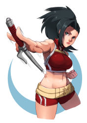 Rule 34 | 10s, 1girl, alternate costume, bankage, belt, between fingers, bike shorts, black eyes, black hair, boku no hero academia, breasts, clenched hand, commentary, crop top, cropped legs, english commentary, high ponytail, holding, large breasts, lips, midriff, multiple belts, navel, ponytail, reverse grip, sai (weapon), serious, shorts, sleeveless, solo, yaoyorozu momo