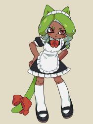 Rule 34 | 1girl, apron, black dress, bow, brown eyes, closed mouth, commentary request, dark-skinned female, dark skin, dress, drill hair, eyebrow cut, frilled dress, frills, frown, full body, green hair, grey background, hands on own hips, ikki (gsl 9708), kemonomimi mode, korean commentary, long hair, maid apron, maid headdress, nintendo, octoling, octoling girl, octoling player character, red bow, simple background, socks, solo, splatoon (series), standing, tail, tentacle hair, twin drills, white socks
