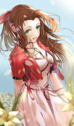 Rule 34 | 1girl, aerith gainsborough, bow, breasts, brown hair, chil0107, cropped jacket, dress, final fantasy, final fantasy vii, final fantasy vii remake, flower, green eyes, hair ribbon, highres, jacket, long hair, looking at viewer, medium breasts, open mouth, pink bow, pink dress, ribbon, smile, solo, square enix