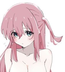 Rule 34 | 1girl, absurdres, bare shoulders, blue eyes, blush, bocchi the rock!, breasts, cleavage, closed mouth, collarbone, commentary request, completely nude, flying sweatdrops, gotoh hitori, hair between eyes, highres, large breasts, long hair, looking at viewer, nude, one side up, out-of-frame censoring, pink hair, simple background, solo, ukitaryu, upper body, white background