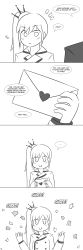 Rule 34 | 1girl, absurdres, coat, comic, english text, evil, grin, highres, letter, long hair, lunarisaileron, monochrome, ponytail, rwby, scar, simple background, smile, weiss schnee, white background