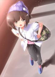 Rule 34 | 10s, 1girl, :o, alternate costume, bad id, bad twitter id, bag, blue footwear, breasts, brown eyes, brown hair, buttons, camouflage bag, dress shirt, fubuki (kancolle), handbag, hands on own hips, hat, kantai collection, looking at viewer, looking up, midoriiro no shinzou, open clothes, open mouth, open shirt, pants, pink shirt, ponytail, purple hat, ribbon, shirt, shoes, short hair, short sleeves, small breasts, sneakers, socks, solo, striped clothes, striped legwear, striped socks, tennis, white shirt, wing collar