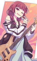 Rule 34 | 1girl, bare shoulders, bass guitar, black bow, blunt bangs, bocchi the rock!, border, bow, braid, cowboy shot, dress, e20, green dress, hair bow, hair over shoulder, hand tattoo, highres, hiroi kikuri, holding, holding bass guitar, holding carton, holding instrument, instrument, jacket, long hair, long sleeves, looking at viewer, one eye closed, open clothes, open jacket, open mouth, outside border, purple eyes, purple hair, single braid, smile, solo, strap slip, tattoo, white border