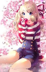 Rule 34 | 1girl, blonde hair, blue eyes, blush, borrowed character, branch, buttons, cherry blossoms, denim, flower, gem, glint, heart, highres, holding, holding heart, ifabulicious oc, long sleeves, looking at viewer, original, overalls, plant, pocket, red gemstone, reflection, shirt, sitting, smile, solo, squchan, stitches, striped clothes, striped shirt, suspenders, wariza, water, water drop