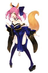 Rule 34 | 1000000000, 10s, 1girl, animal ears, bad hands, bare shoulders, black thighhighs, bow, breasts, cleavage, clog sandals, detached sleeves, fate/extra, fate (series), fox ears, fox tail, hair bow, japanese clothes, large breasts, nail polish, open mouth, pigeon-toed, pink hair, platform clogs, simple background, smile, solo, standing, tail, tamamo no mae (fate/extra), thighhighs, yellow eyes