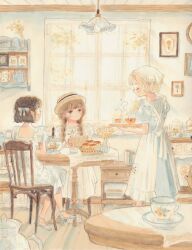 Rule 34 | 3girls, apron, black hair, blonde hair, blue dress, blue eyes, braid, brown hair, carrie (carriedraw), ceiling light, chair, chest of drawers, closed eyes, closed mouth, commentary, cup, day, dress, english commentary, full body, hat, head scarf, highres, indoors, long hair, multiple girls, original, painting (medium), painting (object), puffy short sleeves, puffy sleeves, sauce, shelf, short hair, short sleeves, sitting, smile, standing, sunlight, table, tablecloth, teacup, teapot, traditional media, twin braids, vase, watercolor (medium), white apron, white dress, window