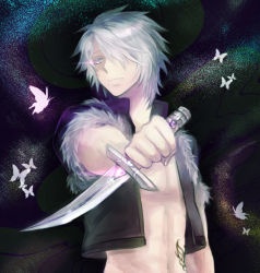 Rule 34 | 1boy, abs, alternate color, black jacket, bug, butterfly, closed mouth, commentary request, crop top, dagger, fur-trimmed jacket, fur trim, glowing, glowing eye, hair over one eye, holding, holding dagger, holding knife, holding weapon, insect, jacket, knife, looking at viewer, male focus, misuguu, open clothes, open jacket, ragnarok online, short hair, short sleeves, solo, stalker (ragnarok online), stomach tattoo, tattoo, upper body, weapon, white hair