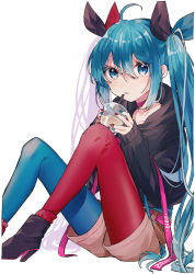 Rule 34 | 1girl, ahoge, ankle boots, asymmetrical legwear, belt, black bow, black hoodie, blue eyes, blue hair, blue pantyhose, boots, bow, brown shorts, bubble tea, choker, collarbone, commentary request, cup, disposable cup, drink, feet out of frame, hair between eyes, hair bow, high heel boots, high heels, highres, holding, holding cup, hood, hood down, hoodie, knees up, long hair, long sleeves, multicolored nails, nail polish, original, pantyhose, parted lips, pink choker, red pantyhose, short shorts, shorts, simple background, sitting, sleeves past wrists, socks, socks over pantyhose, solo, two-tone legwear, tyazakura sayu, very long hair, white background