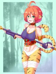 Rule 34 | 1girl, absurdres, animal ears, breasts, breath of fire, breath of fire ii, bustier, cat ears, cat tail, cleavage, facial mark, fingerless gloves, furry, furry female, gloves, highres, large breasts, looking at viewer, no pants, open mouth, orange hair, pointy ears, rinpoo chuan, short hair, smile, solo, staff, tail, togenomaru
