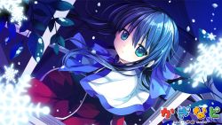 Rule 34 | 1girl, blue bow, blue eyes, blue hair, bow, capelet, commentary request, copyright request, dress, hair between eyes, hair bow, long hair, looking at viewer, parted lips, red dress, sakurazawa izumi, snowflakes, solo, white capelet, window