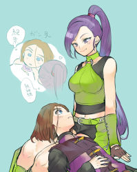 Rule 34 | 1boy, 1girl, bad id, bad pixiv id, belt, black gloves, black shirt, black shorts, blue background, blue eyes, blush, breasts, brown hair, commentary request, dragon quest, dragon quest xi, eye contact, fingerless gloves, gloves, green belt, green shirt, green wristband, half-skirt, heart, hero (dq11), inset, lap pillow, large breasts, long hair, looking at another, martina (dq11), midriff, misokatsu, navel, o-ring, o-ring top, purple eyes, purple hair, shirt, shorts, sleeveless, sleeveless shirt, smile, thought bubble, translation request, two-tone shirt, waist cape
