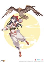 Rule 34 | 1girl, ainu clothes, black hair, breasts, fingerless gloves, gloves, grey eyes, hair ribbon, highres, legs, looking at viewer, mamahaha, nakoruru, official art, pants, ribbon, samurai spirits, small breasts, smile, snk, the king of fighters, thighs, weapon