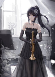 Rule 34 | 1girl, arm strap, bare shoulders, black choker, black dress, breasts, choker, closed mouth, curtains, dress, elbow gloves, falling petals, floating hair, flower, gloves, hair ornament, hibike! euphonium, high ponytail, highres, holding, holding instrument, indoors, instrument, kousaka reina, long hair, looking at viewer, medium breasts, music stand, off-shoulder dress, off shoulder, open window, petals, ponytail, purple eyes, solo, trumpet, vase, white flower, window, yuzuriha (atelier liang)