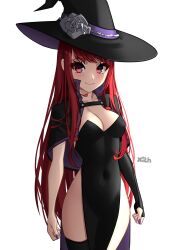 Rule 34 | 1girl, absurdres, black hat, blush, breasts, cleavage, closed mouth, hair down, halloween, halloween costume, hat, highres, long hair, looking at viewer, nail polish, official alternate hairstyle, persona, persona 5, persona 5 the royal, purple nails, red eyes, red hair, simple background, small breasts, smile, solo, white background, witch, witch hat, x xith x, yoshizawa sumire
