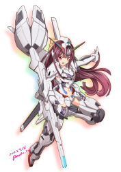 Rule 34 | 1girl, alternate costume, commentary request, cosplay, cosplay request, dated, full body, gloves, gun, gundam, gundam calibarn, gundam calibarn (cosplay), gundam suisei no majo, hair ribbon, headgear, kamikaze (kancolle), kantai collection, long hair, looking at viewer, mecha musume, moke ro, navel, open mouth, purple eyes, purple hair, ribbon, smile, solo, weapon, white background, white gloves, yellow ribbon